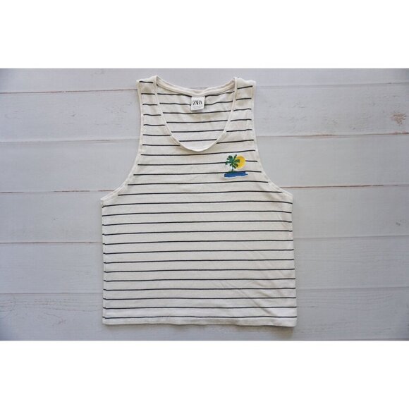 Zara Tops - Zara Women's Black/White Striped Palm Tree Tank - Size M